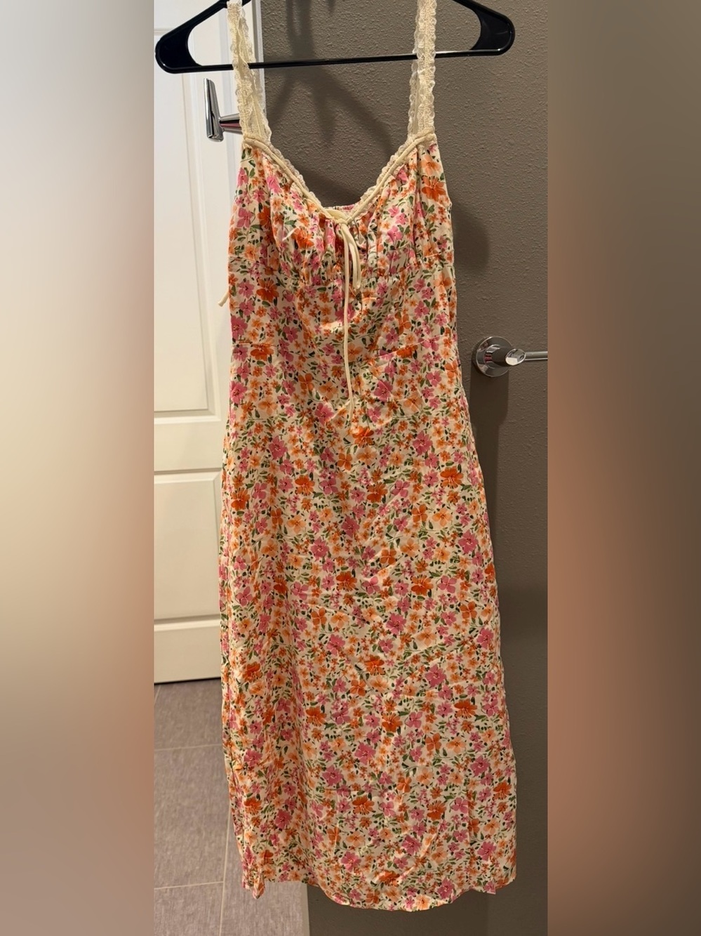 Commense Cream Floral Midi Dress with Pink and Orange Blossoms - Picture 2 of 4